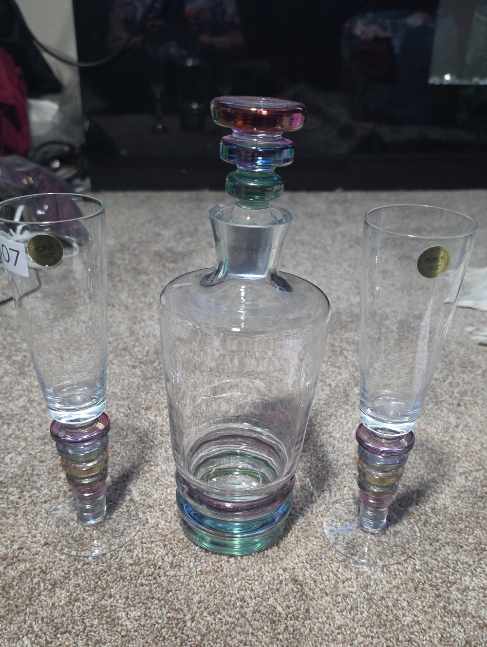 Block Crystal Lead Free Multicolor Glass Decanter Set - Poland. Vintage
